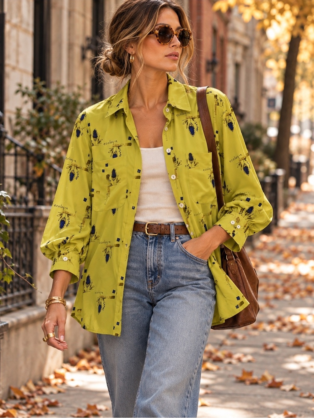 Vintage Chico's Design 100% Silk Ecologia Blouse Chartreuse Abstract Size 2